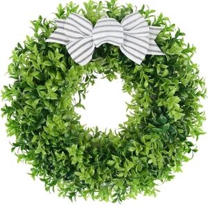 Green Wreath with Striped Bow